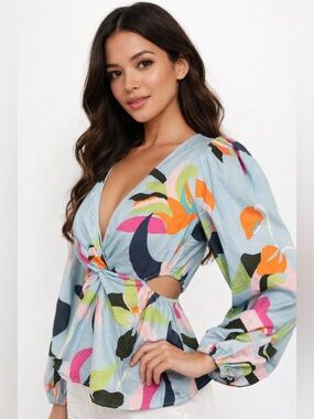 NWT A New Day XS Blue Floral Cutout Twist Front Blouse Top Balloon Sleeve Target